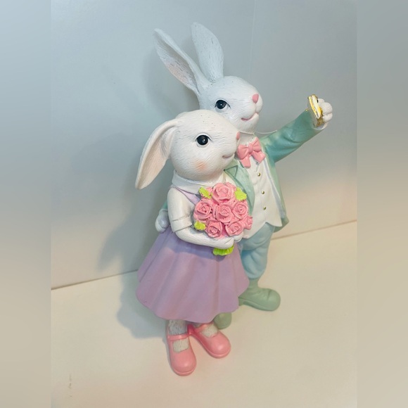 Easter Bunny Couple, Rabbit Figurine with Pink and Green Accents, Bunny Statue - Picture 5 of 6